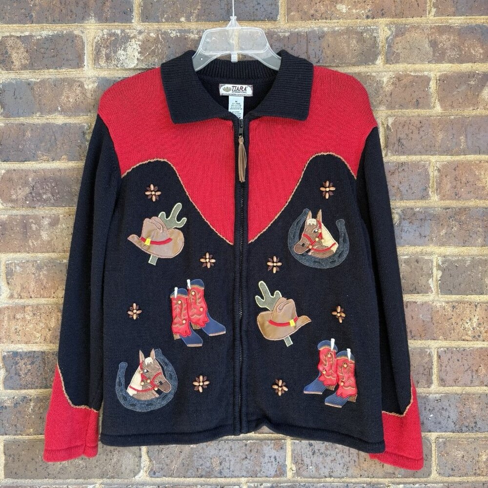 Tiara International Full Zip Cardigan Size M Horse Cowboy Hat Boots